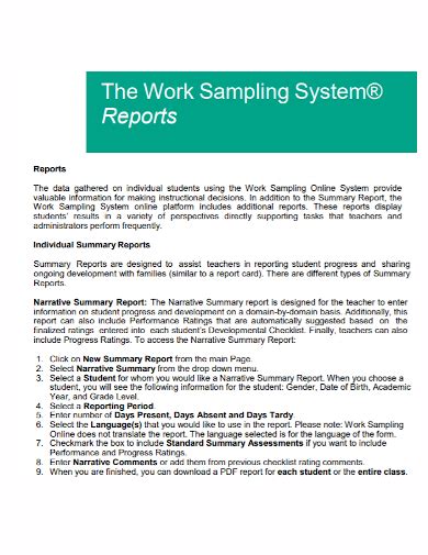 work sampling narrative summary report examples