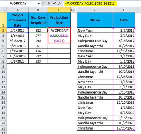 workday formula in excel with example
