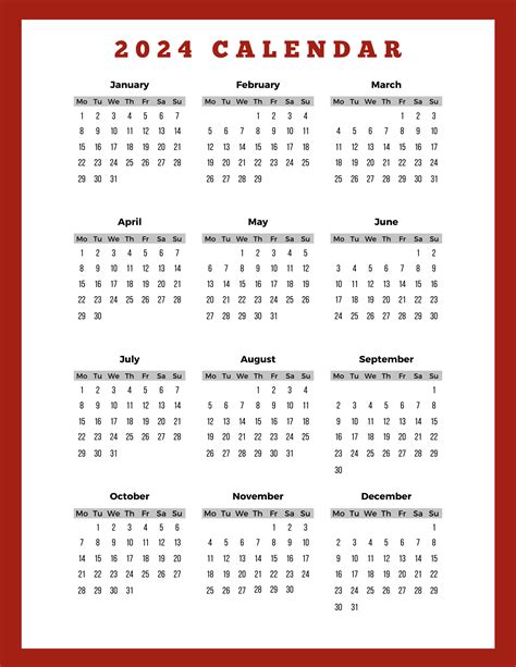 Working Week Calendar 2024