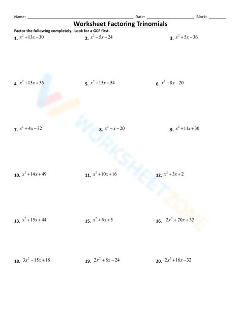 Worksheet Factoring Trinomials Answers