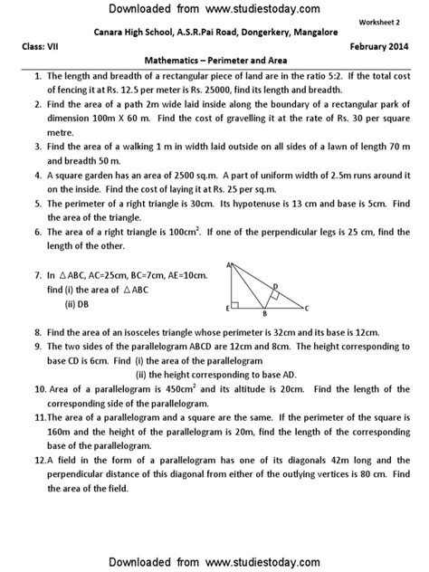 Worksheet For Class 7 Maths Cbse