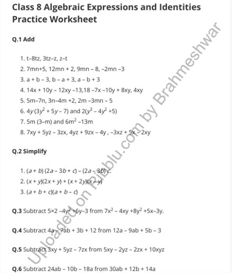 Worksheet For Class 8Th Maths