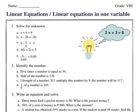 Worksheet Linear Equations In One Variable Class 8