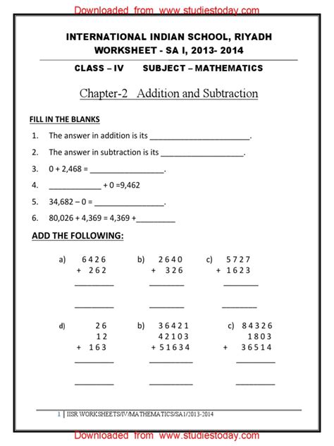 Worksheet Of Class 4 Maths