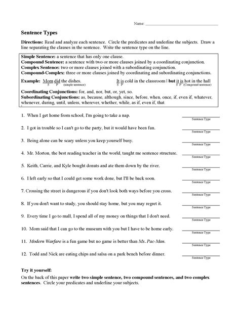 worksheet on types of sentences printable template