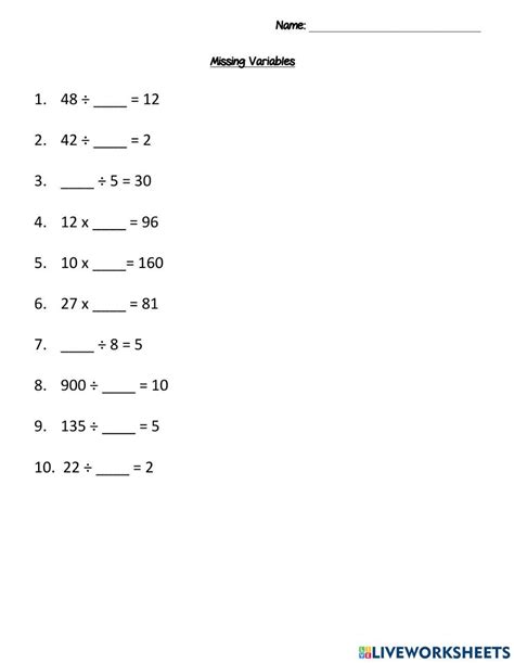 Worksheet With Math Pictures For Missing Variable