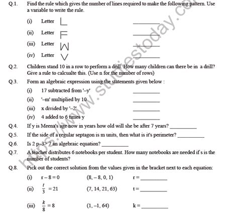 Worksheets Maths Class 6