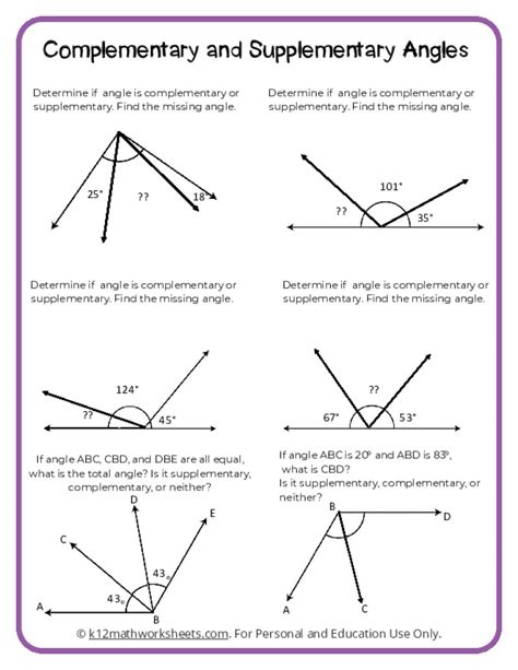 Supplementary and Complementary Angles Worksheets