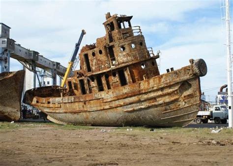 wrecked ship on land