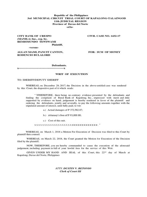 writ of execution example