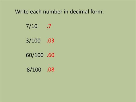 write 7 hundredths as a decimal number