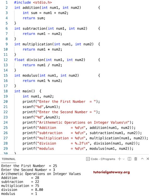 write a c program for arithmetic operations using user defined functions