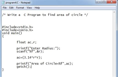 write a program to find the area of circle in c language
