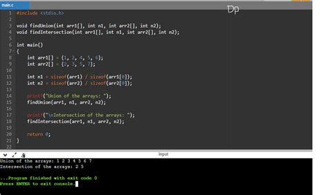 write a program to find the intersection of two arrays in c