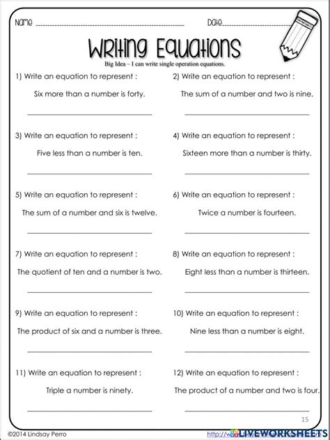 Write An Equations Given Words Math Worksheet