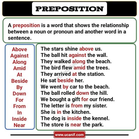 write definition of preposition with example