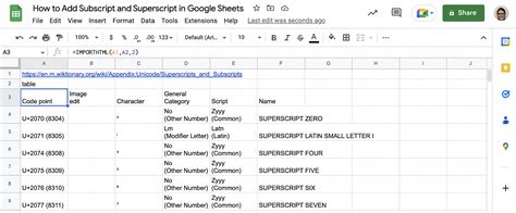 write subscript in google sheets