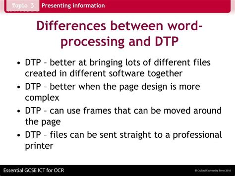 write the difference between dtp software and word processing software