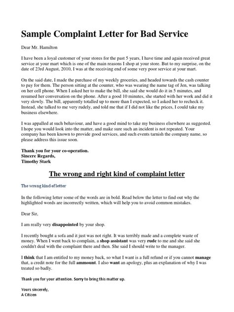 Complaint Letter Example For Bad Product Letter