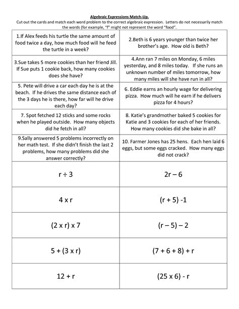 writing algebraic expressions worksheet with answers