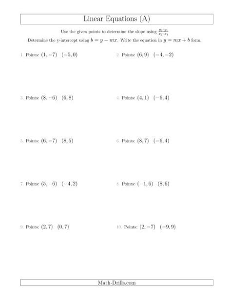 writing linear equations given two points worksheet answers