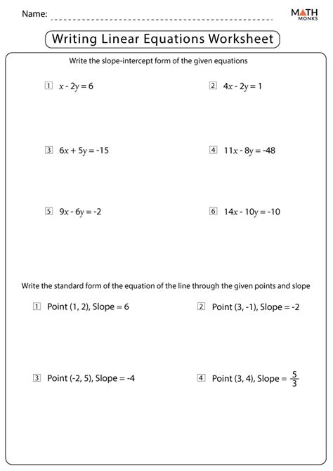 writing linear equations worksheet answer key