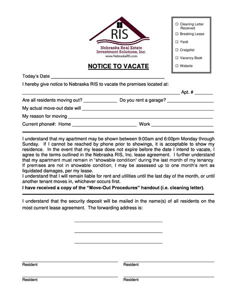 Printable Sample Vacate Notice Form Legal Template Pinterest