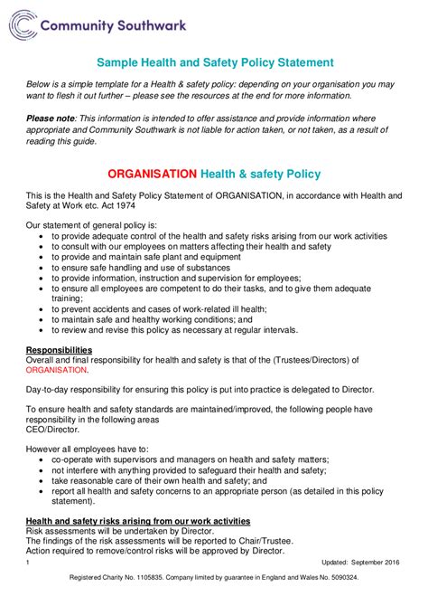 written policy template for health and safety