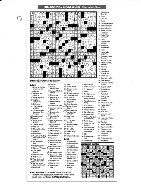 wsj crossword answers for today's puzzle