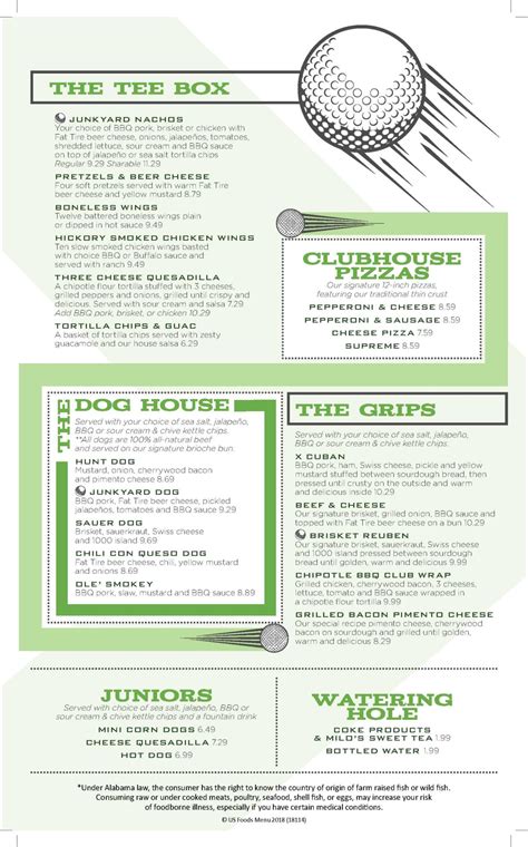 X Golf Course Menu