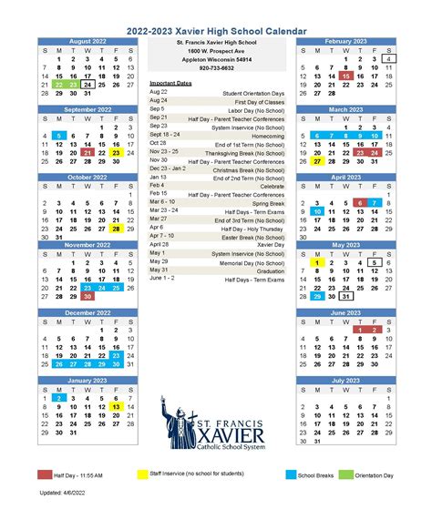 xavier elementary school calendar