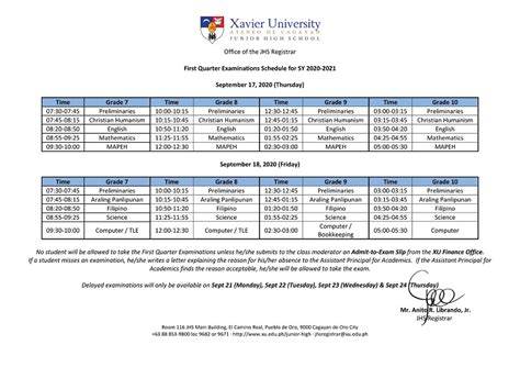 xavier university absn schedule