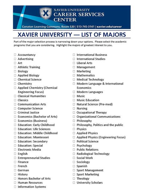 xavier university majors offered