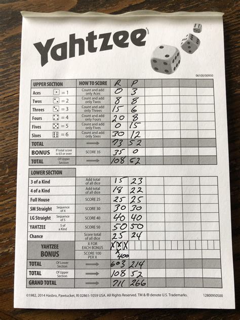 Yahtzee game board