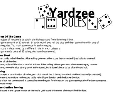 Yardzee Rules Printable