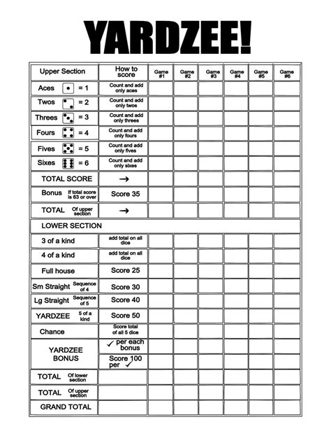 Yardzee Score Sheet Free Printable