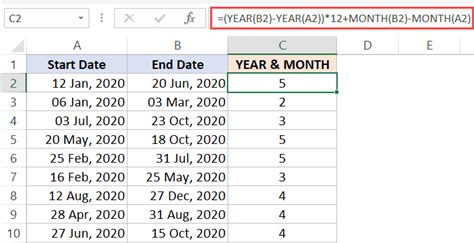 year and month calculation formula in excel