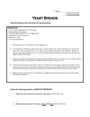 Yeast Bread Worksheet Answers