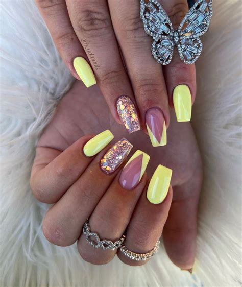 Yellow Acrylic Nails With Initials