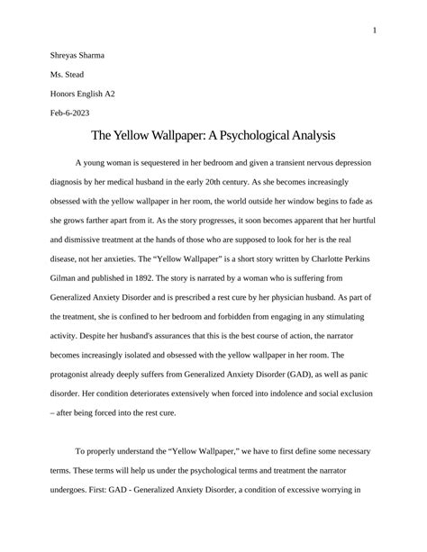 Yellow Wallpaper Psychological Analysis