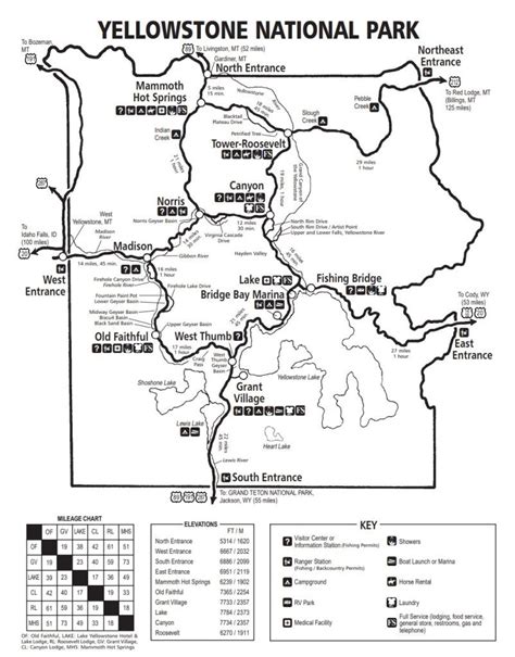 yellowstone national park map with mileage