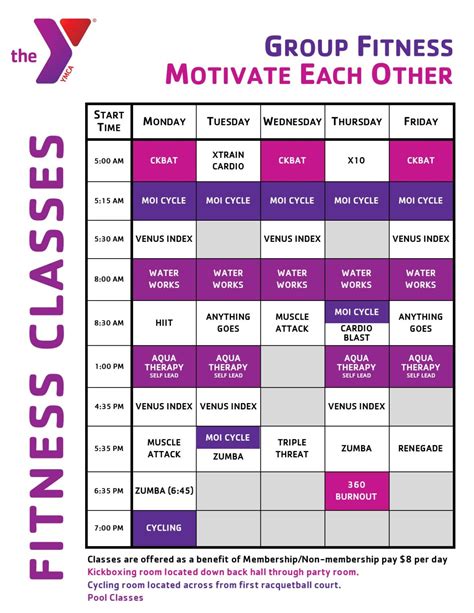 ymca exercise class schedule