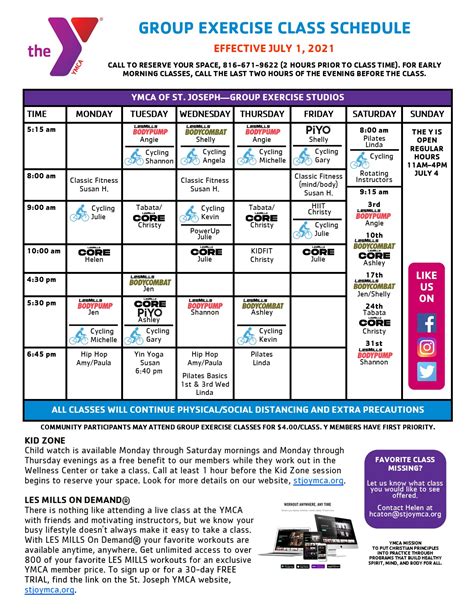 ymca group exercise class schedule