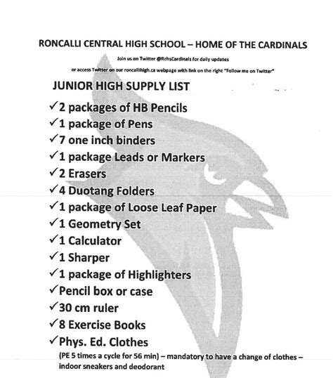 york junior high school supply list