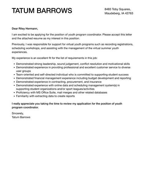 Youth Program Coordinator Cover Letter
