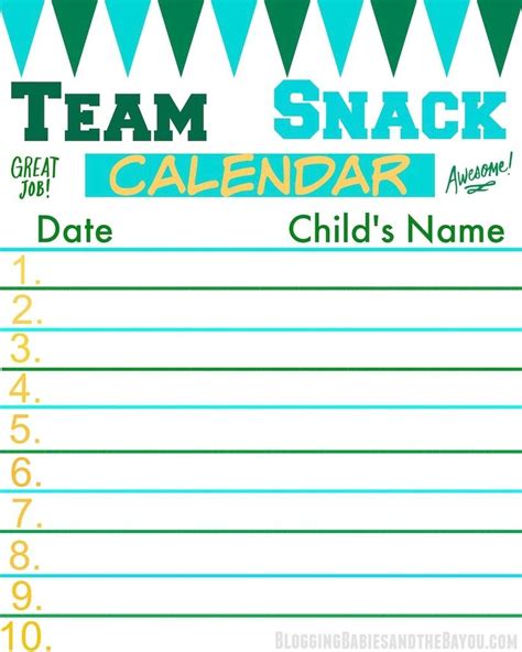 Youth Sports Snack Schedule Template