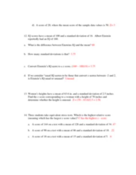 Z-Score Worksheet With Key