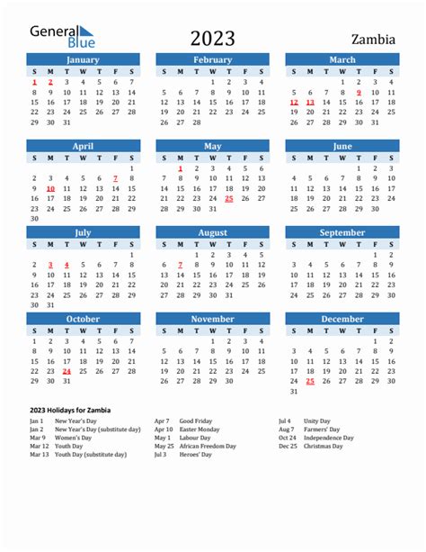 zambian calendar with holidays 2023