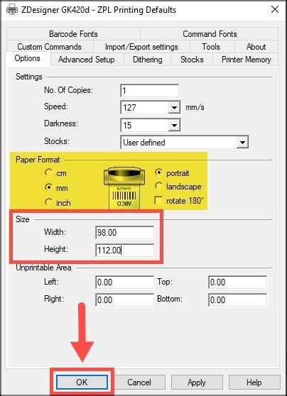 Zebra Printer Label Settings