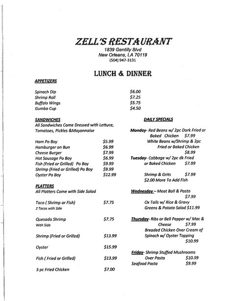 Zell's Cafe Breakfast Menu